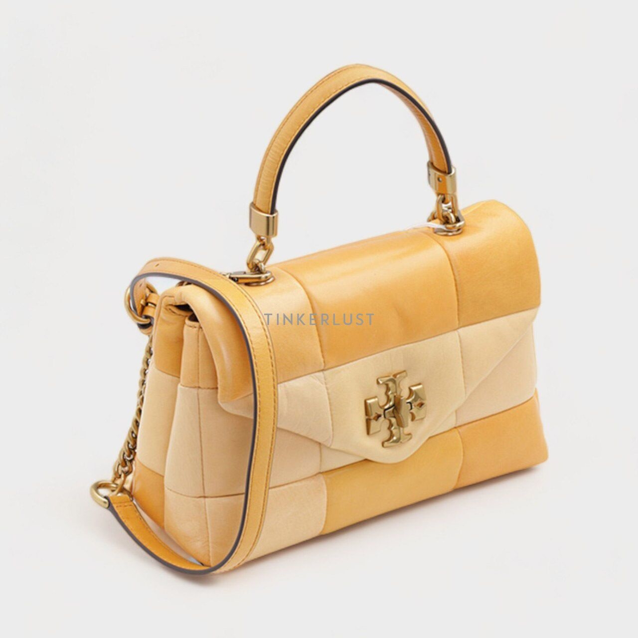 Tory Burch Small Kira Patchwork Top Handle Satchel Bag in Golden Straw Mix