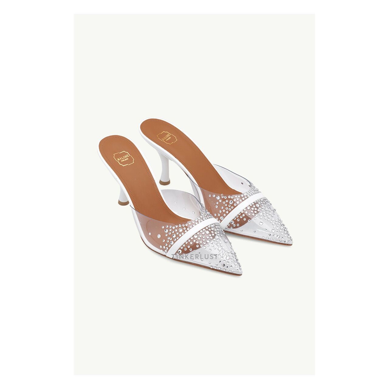 Malone Souliers Joella Crystal Embellished Heeled Mules 70mm in Clear/White Heels