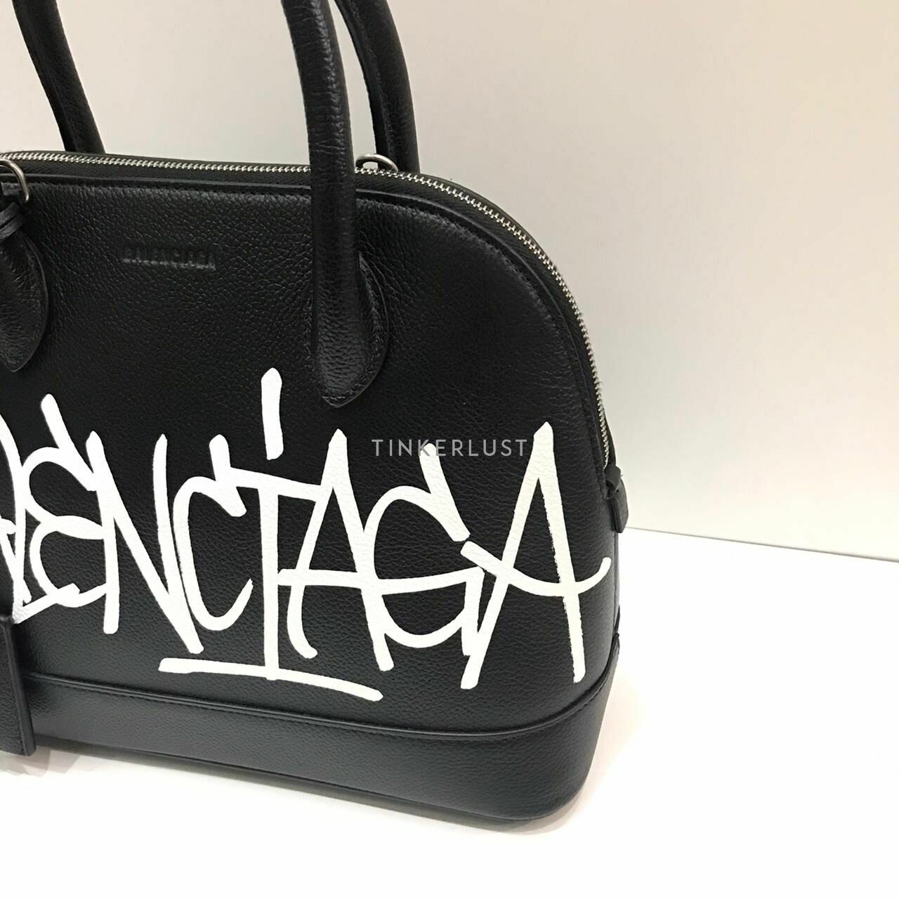 Balenciaga Ville Small Graffiti Black Leather Logo White Satchel