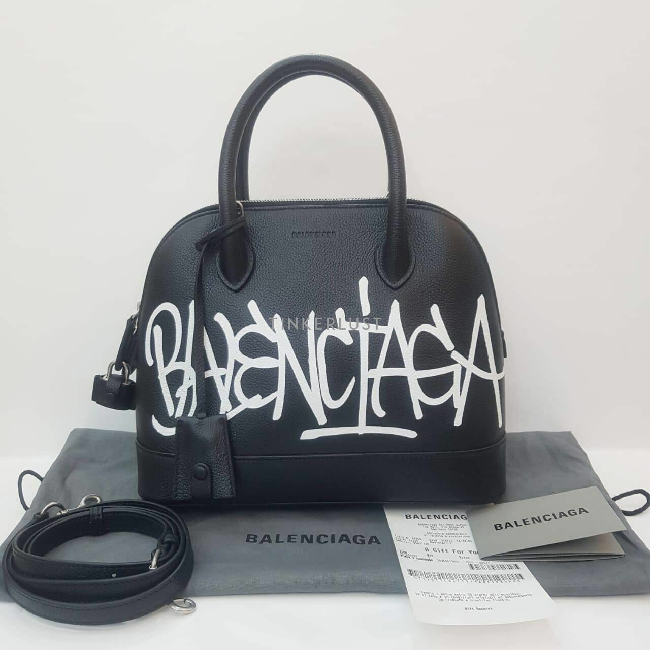 Balenciaga Ville Small Graffiti Black Leather Logo White Satchel