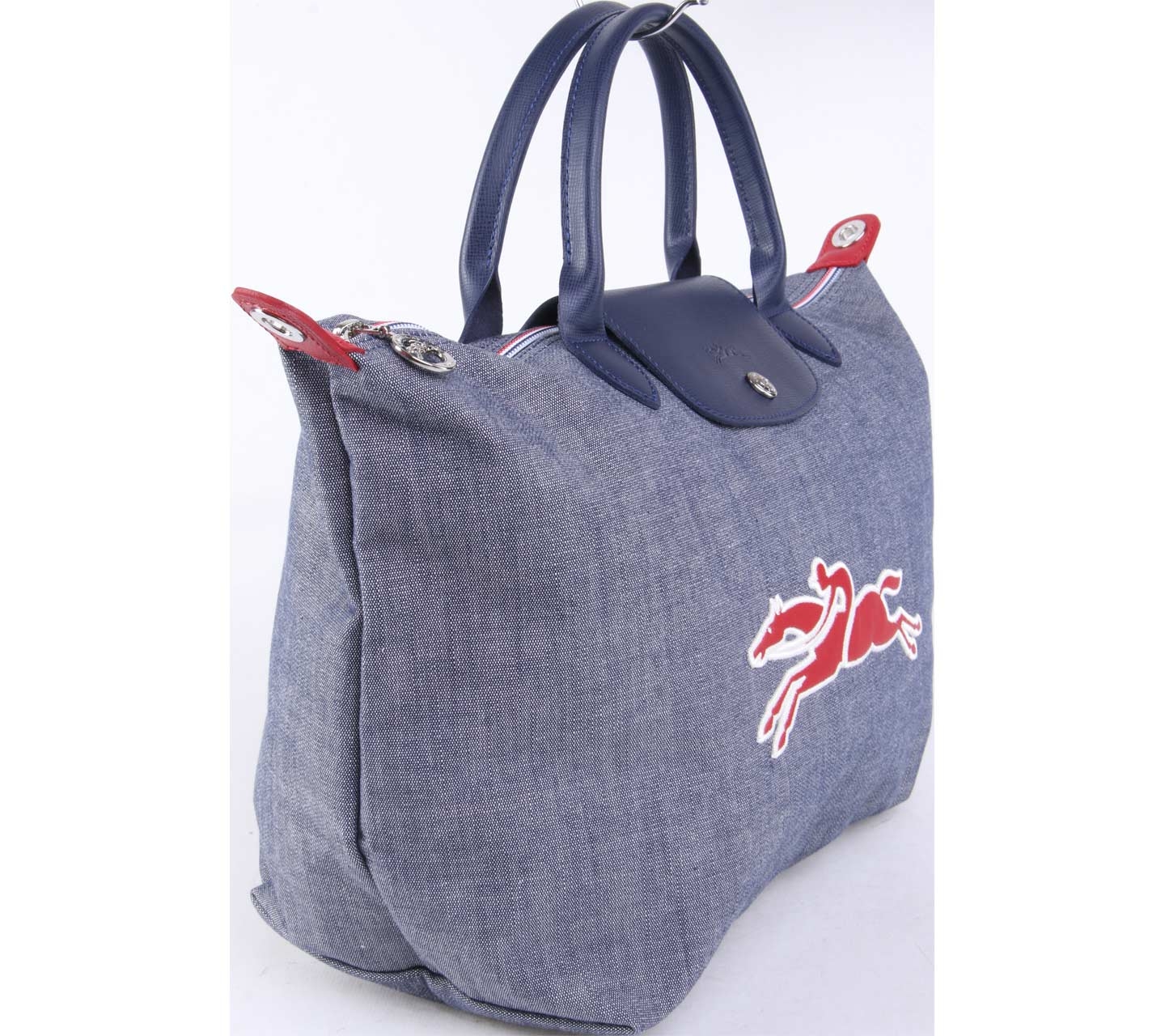 Longchamp Navy Le Pliage On The Road Canvas Leather Tote Medium Satchel