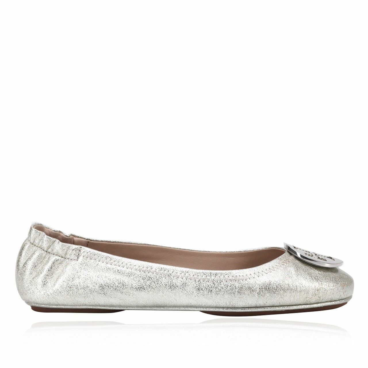 Tory Burch  Minnie Travel Ballet Logo Smooth Metallic Silver Flats