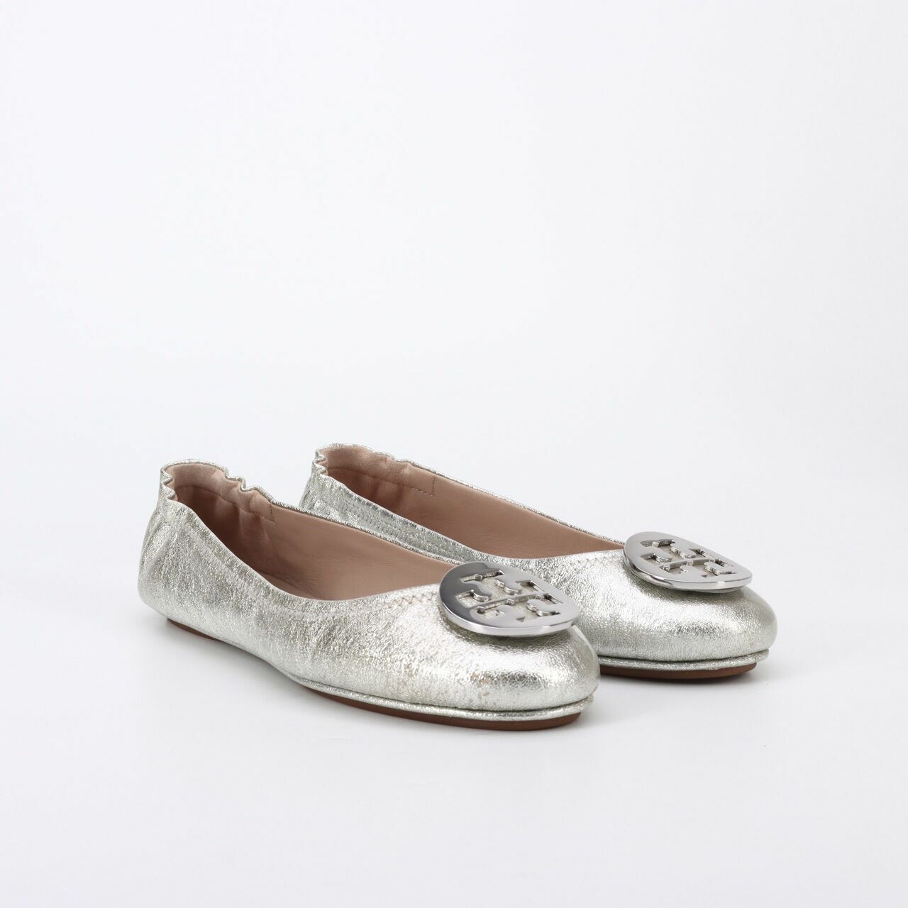 Tory Burch  Minnie Travel Ballet Logo Smooth Metallic Silver Flats