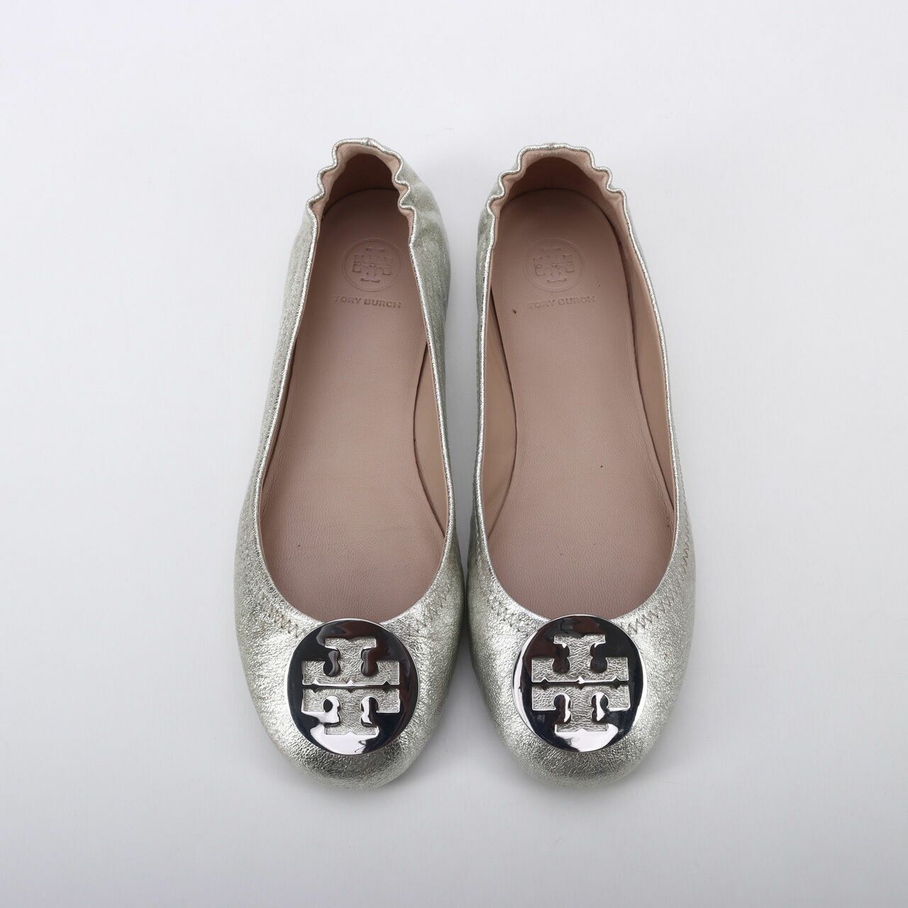 Tory Burch  Minnie Travel Ballet Logo Smooth Metallic Silver Flats