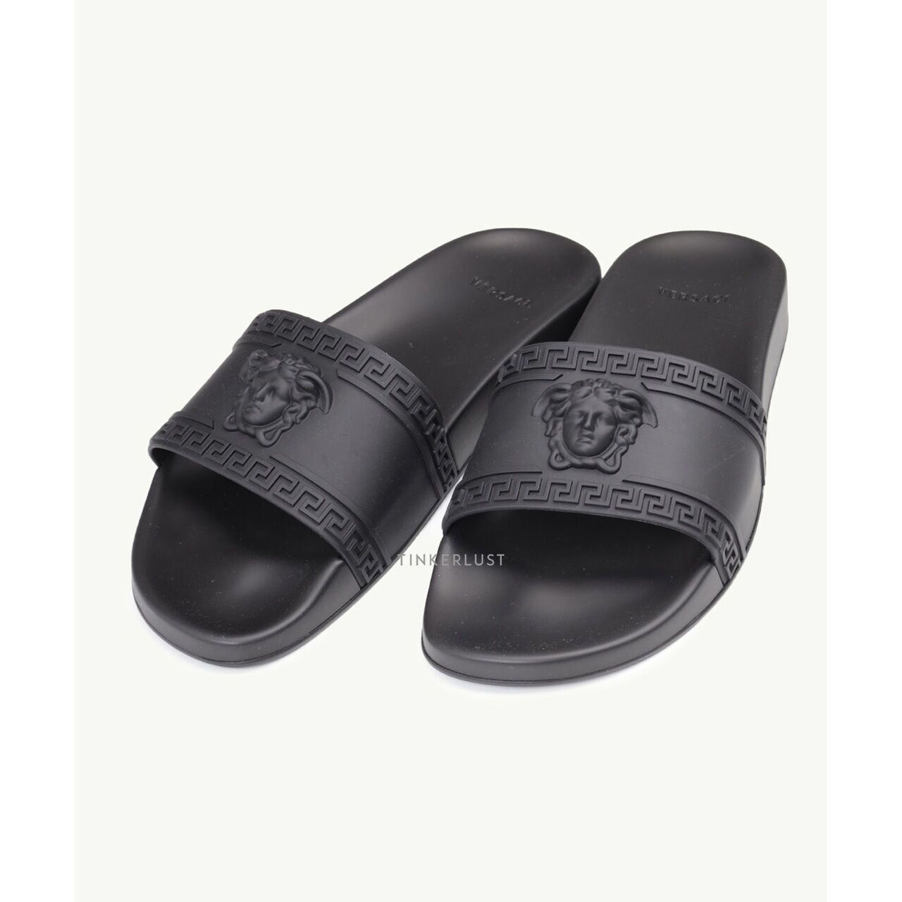 Versace Men Palazzo Medusa Pool Slides in All Black Sandals