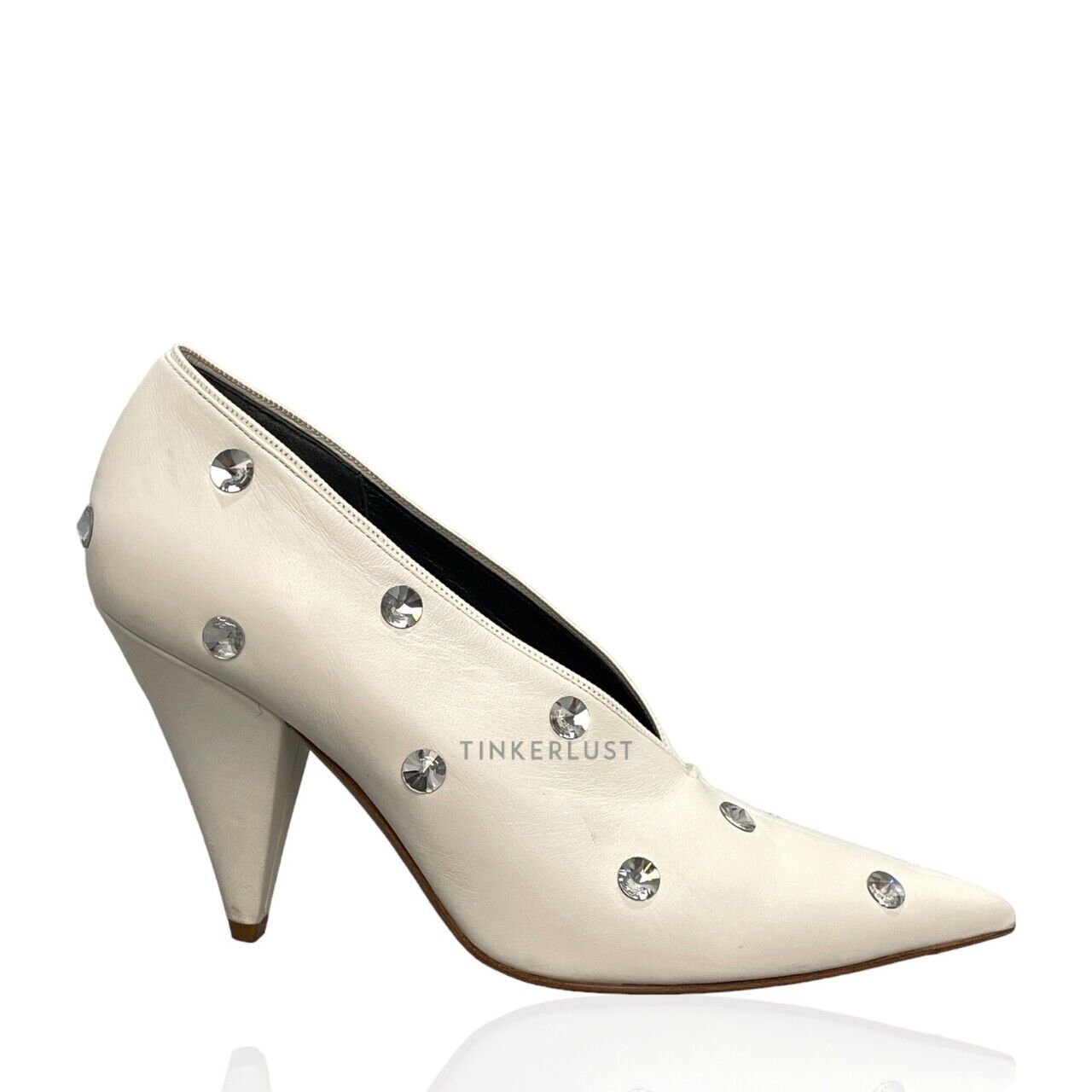 Celine Crystal Embellished V neck White Pumps Heels 