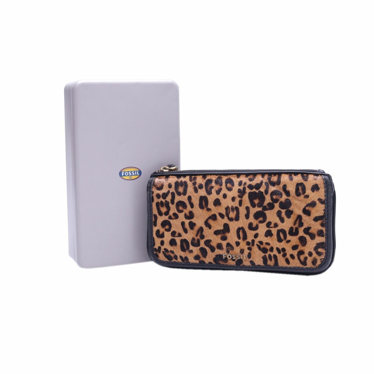 Fossil Black Memoir Top Zip Leopard Wallet