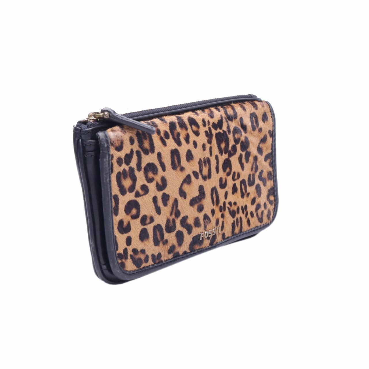 Fossil Black Memoir Top Zip Leopard Wallet