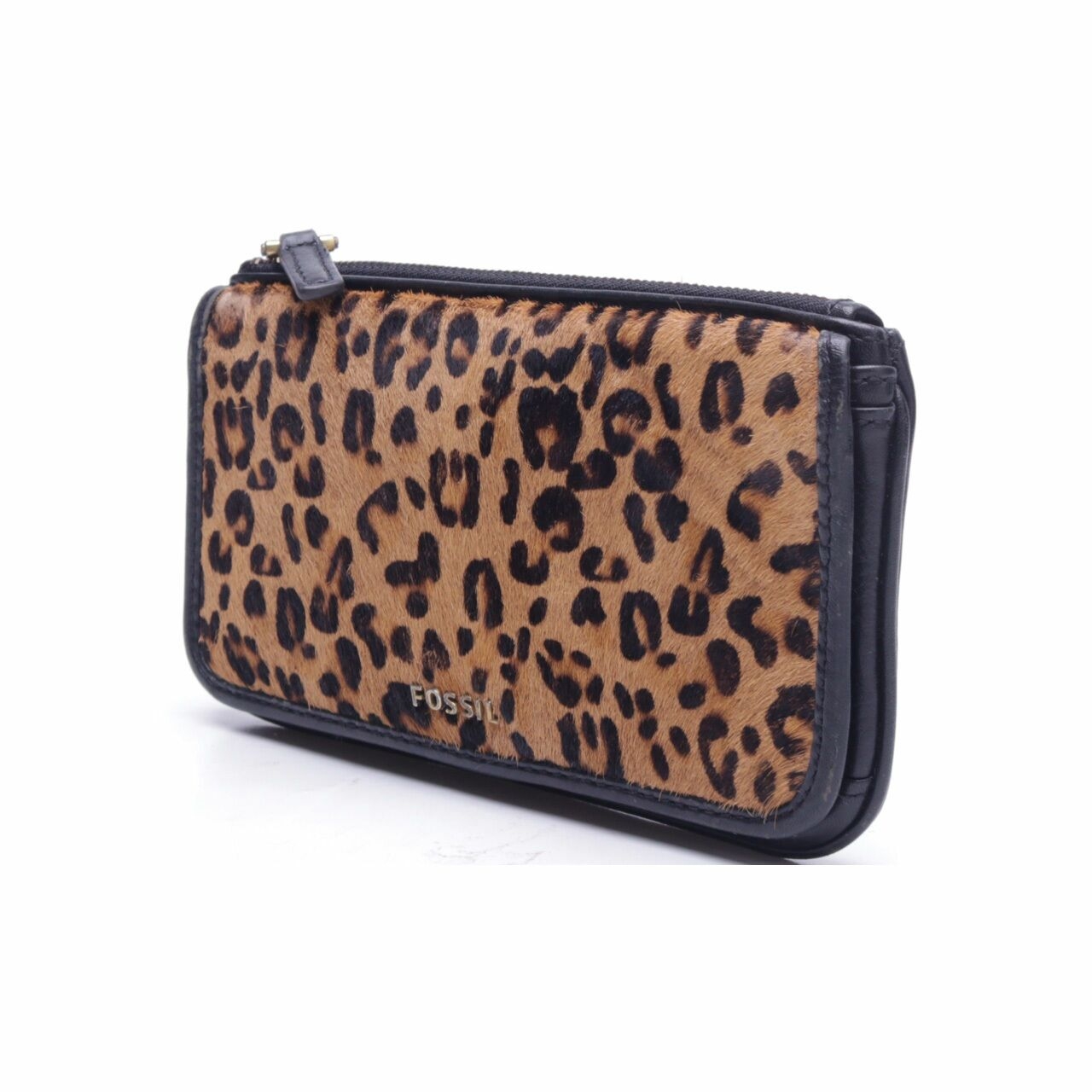 Fossil Black Memoir Top Zip Leopard Wallet