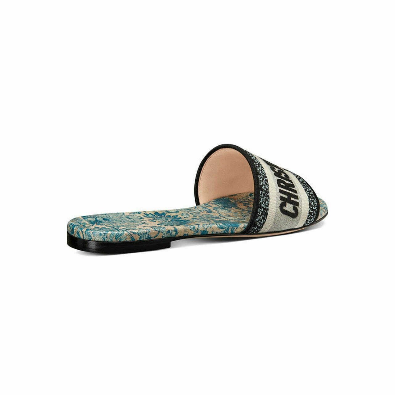 Dway Sandals Slide Toile de Jouy Embroidered Cotton Duck Blue Brocart Motif