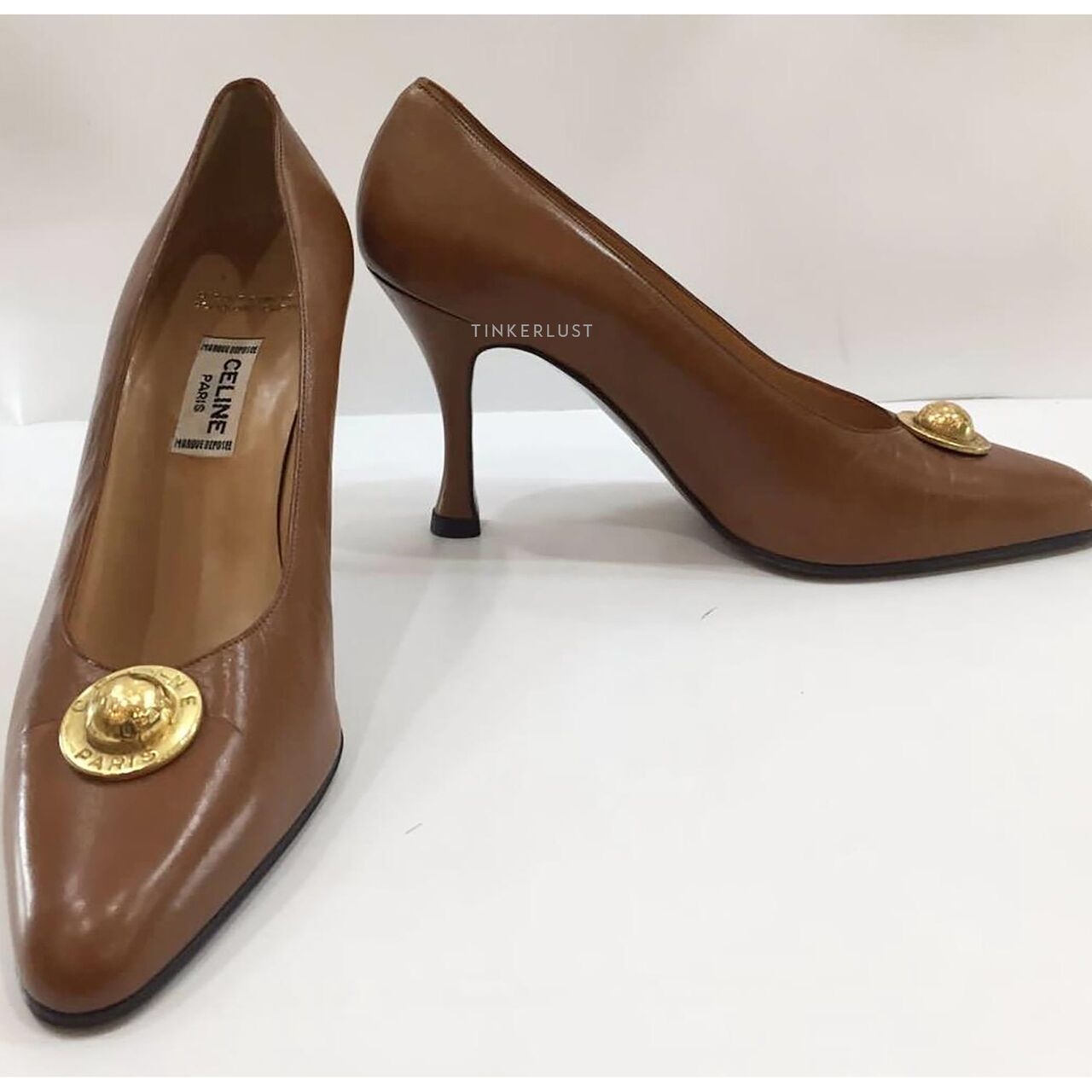 Celine Vintage Brown Tan Leather Shoes GHW Heels