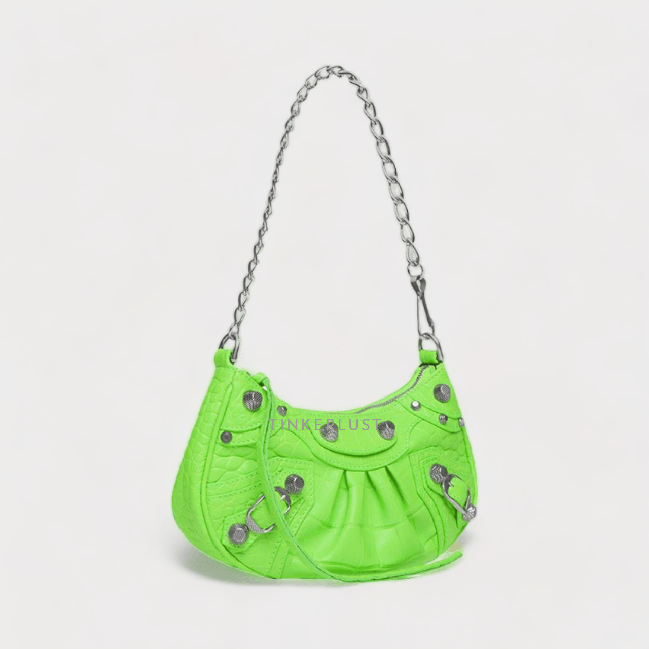 Balenciaga Mini Le Cagole Purse Shoulder Bag in Bright Green Extra Supple Embossed Croco SHW with Chain Strap