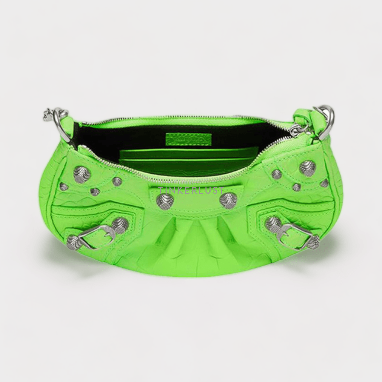 Balenciaga Mini Le Cagole Purse Shoulder Bag in Bright Green Extra Supple Embossed Croco SHW with Chain Strap