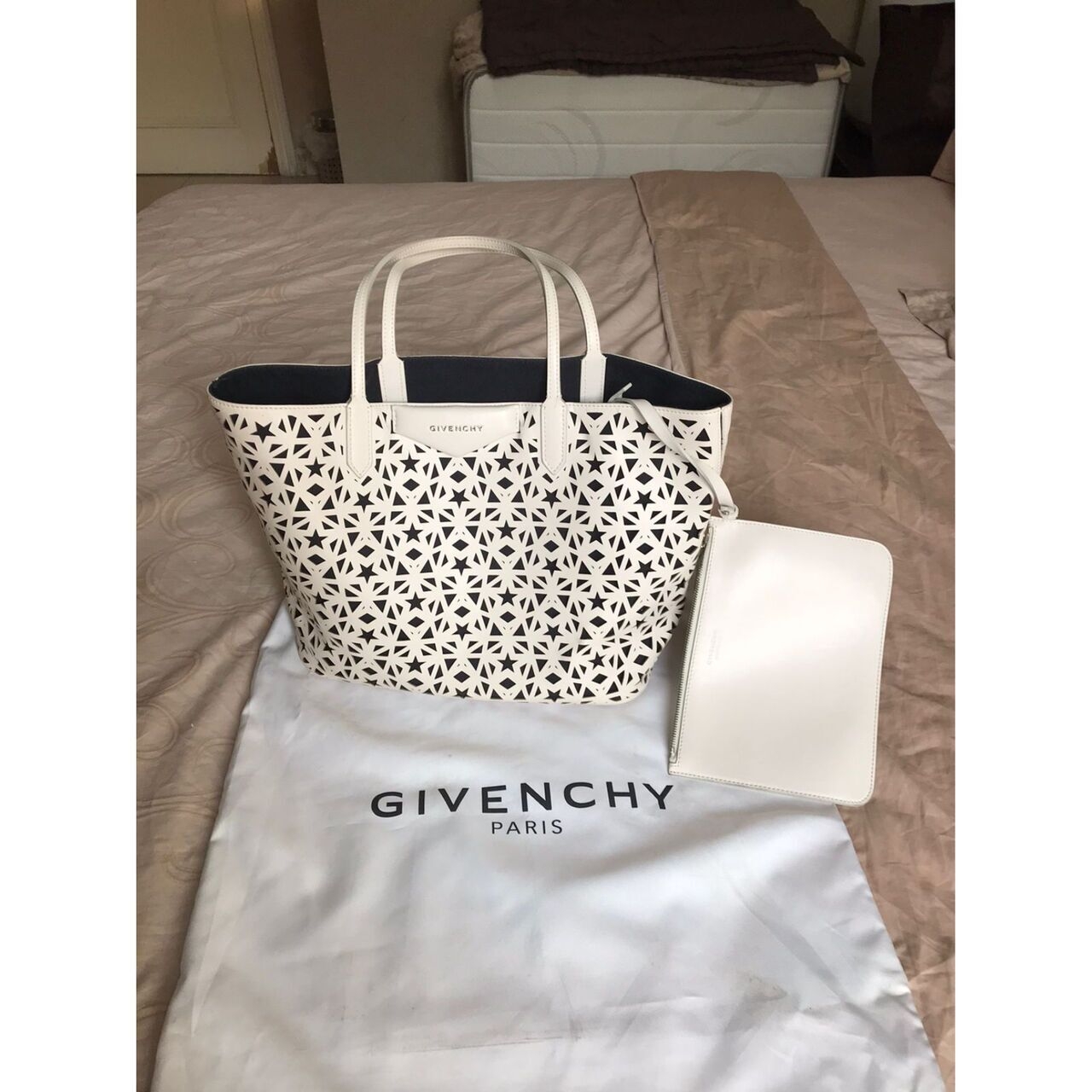 Givenchy White Perforated Leather Small Star Antigona Tote Bag