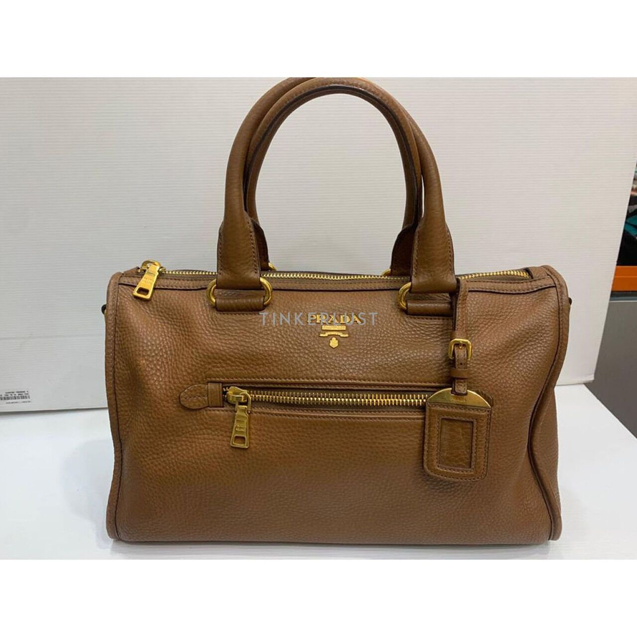 Prada Vitello Daino Leather Brown Zip GHW Satchel