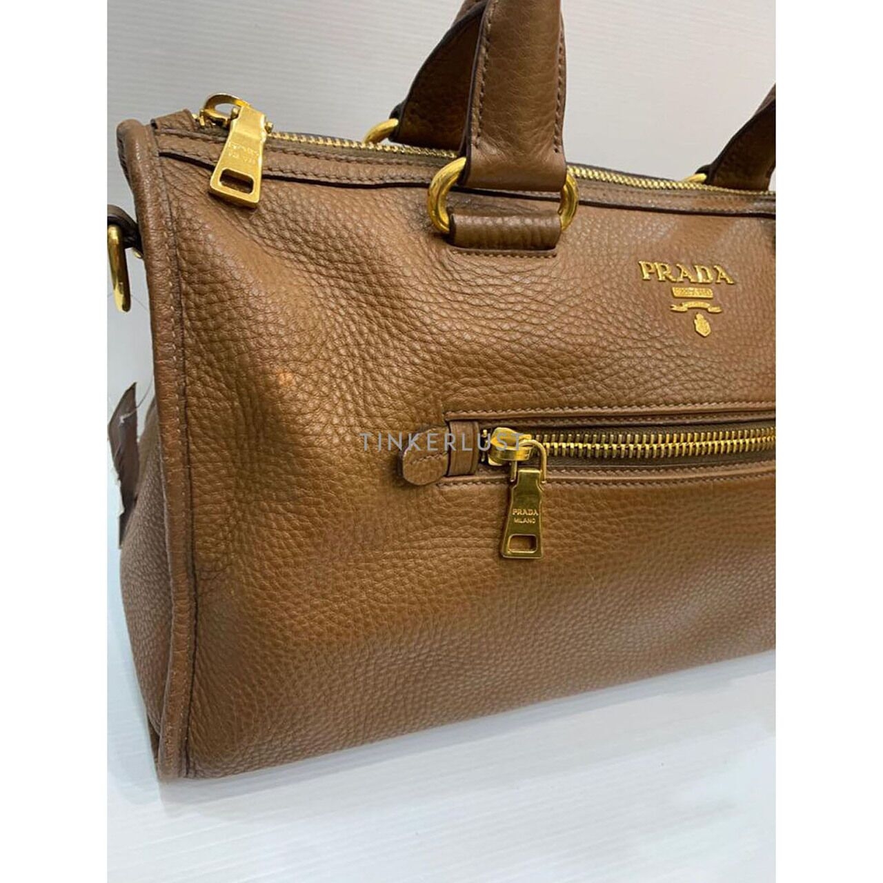 Prada Vitello Daino Leather Brown Zip GHW Satchel