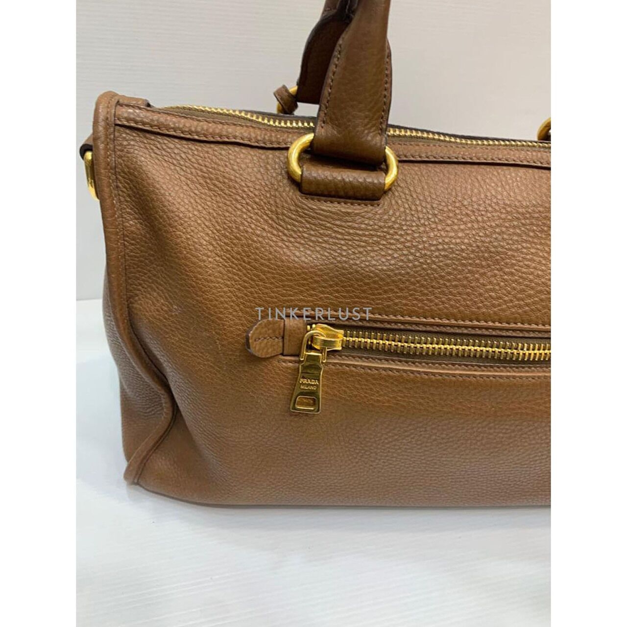 Prada Vitello Daino Leather Brown Zip GHW Satchel