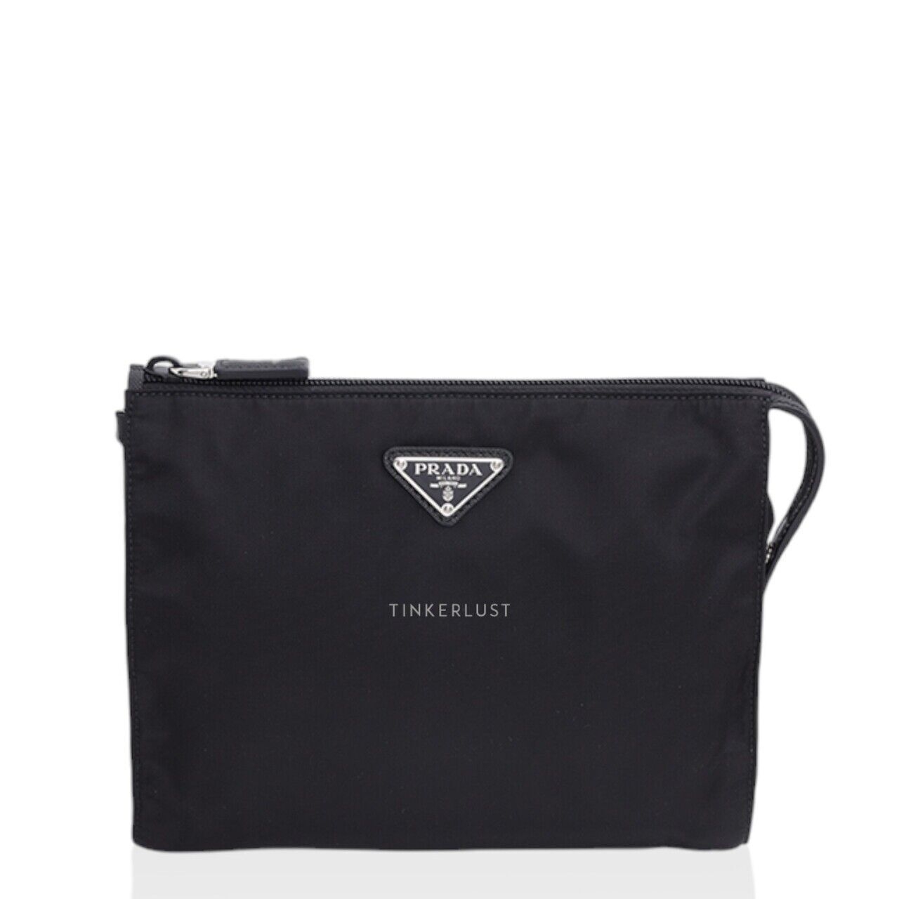 Prada Triangle Logo Square-Edged in Black Re-Nylon x Saffiano Leather Cosmetic Pouch