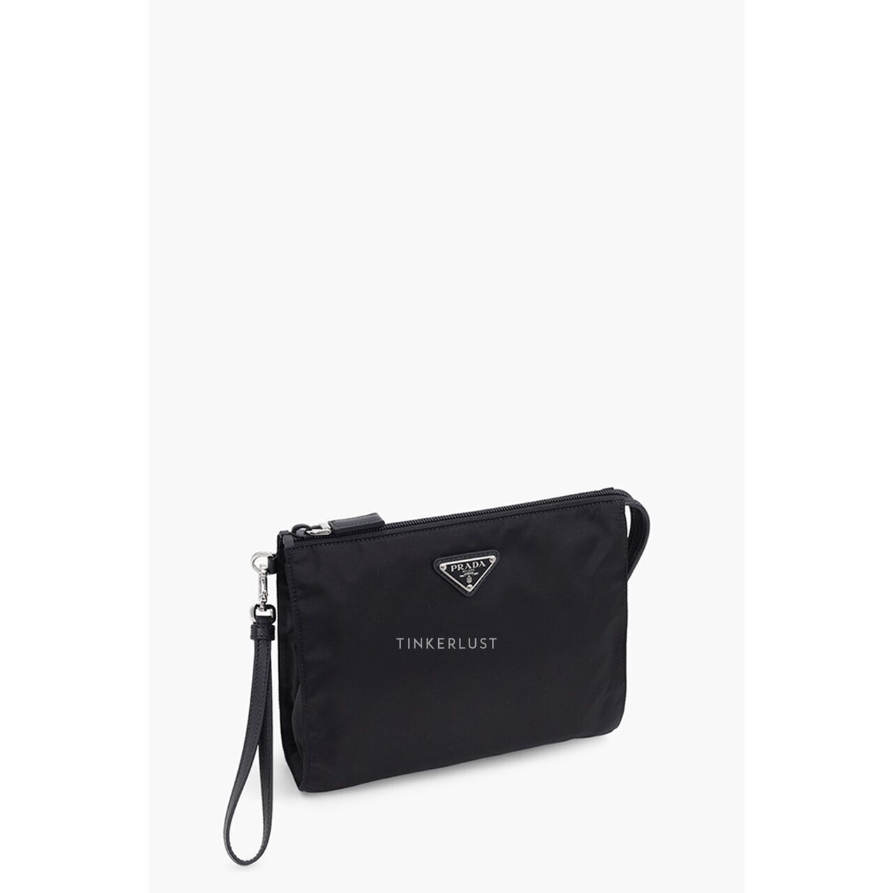 Prada Triangle Logo Square-Edged in Black Re-Nylon x Saffiano Leather Cosmetic Pouch