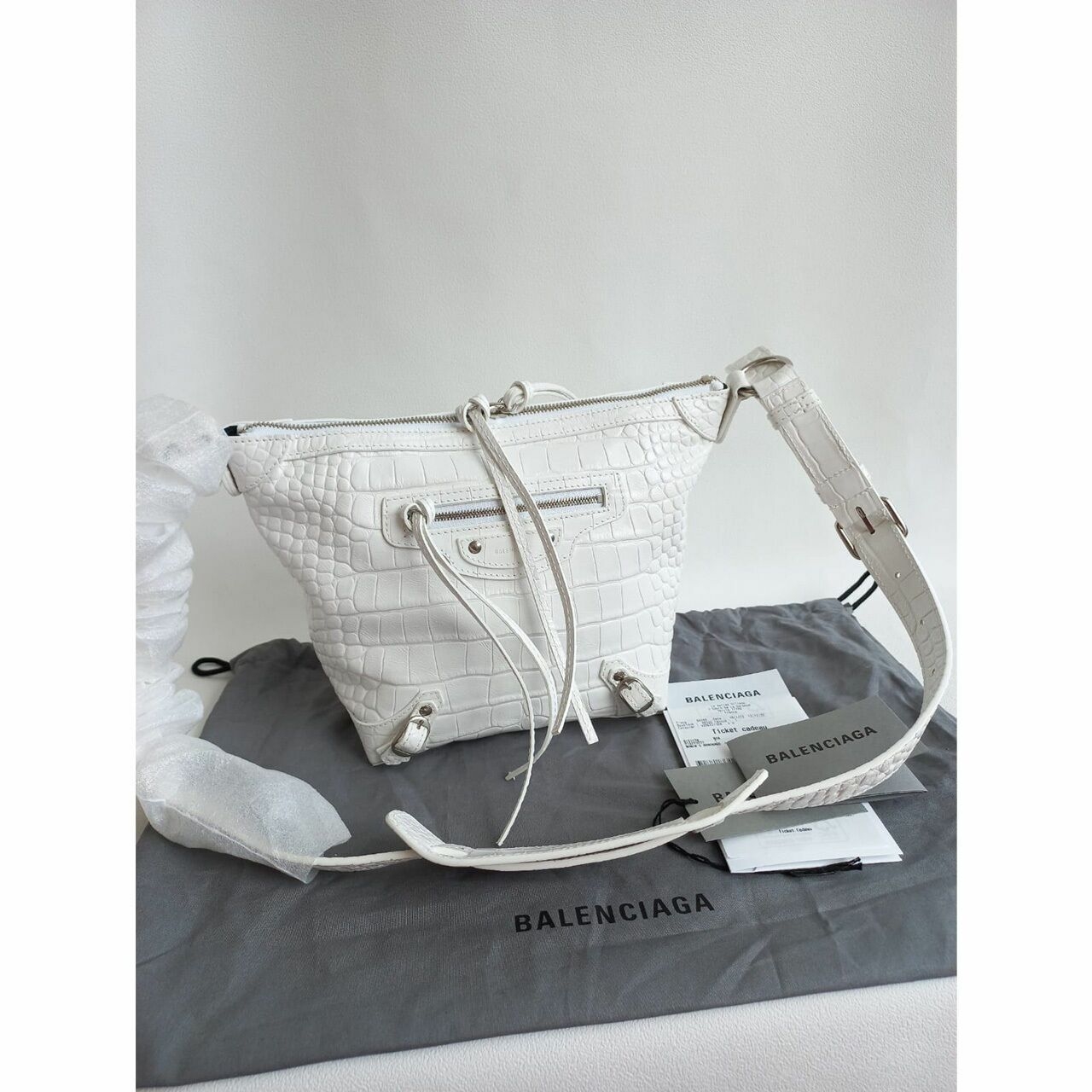 Balenciaga Neo Classic Hobo XS Croco Calfskin Optic White Sling Bag