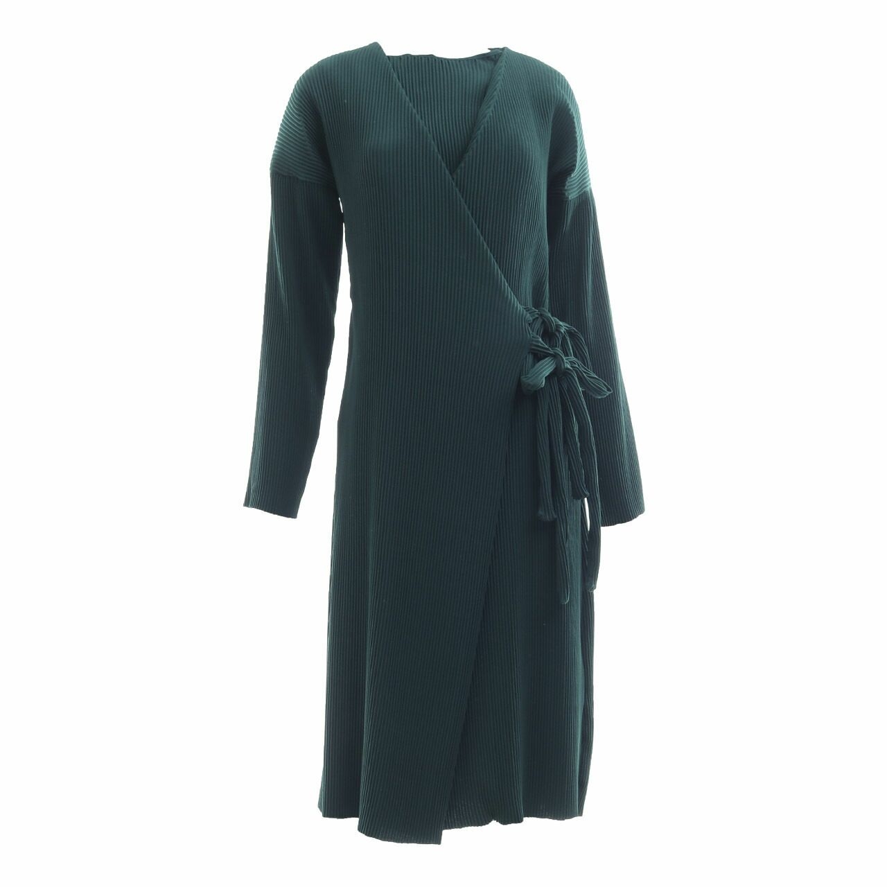 AVGAL Dark Green Pleated Wrap Midi Dress