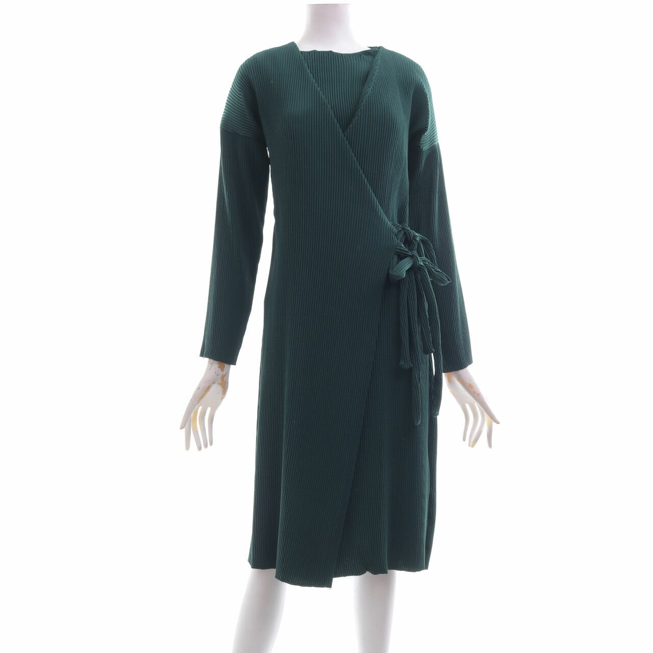 AVGAL Dark Green Pleated Wrap Midi Dress