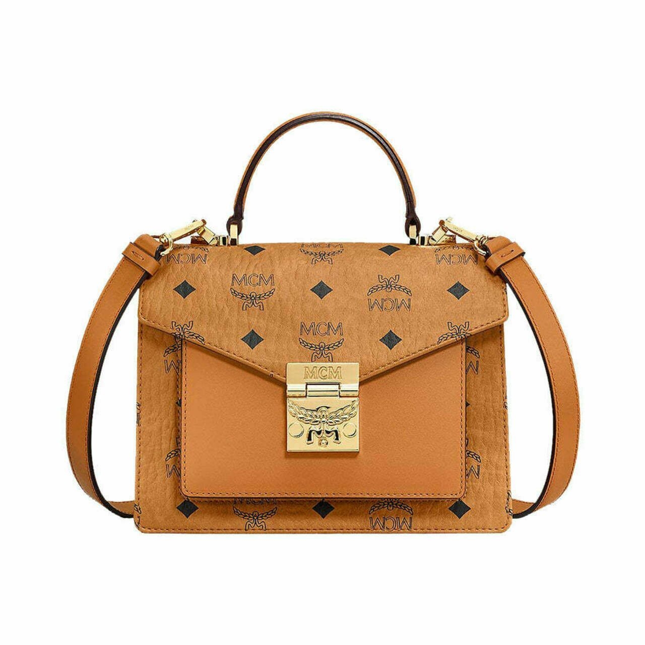 MCM Patricia Visetos Top Handle Small Cognac