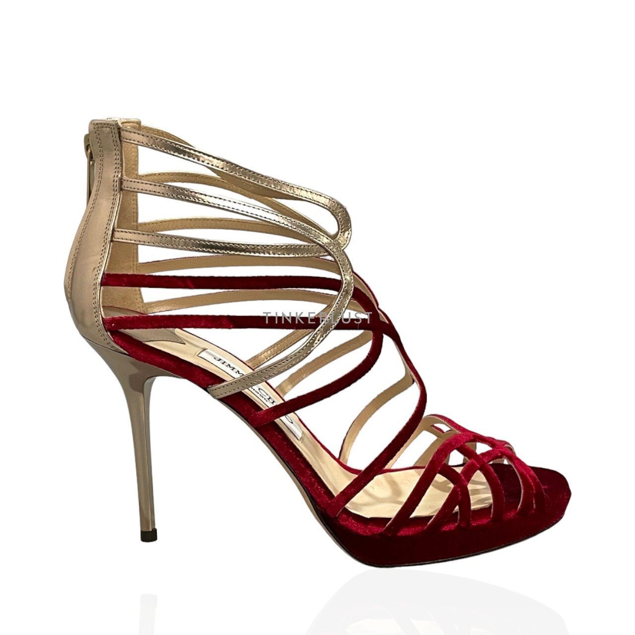 Jimmy Choo Maury Strappy Velvet Leather Gold & Red Heels