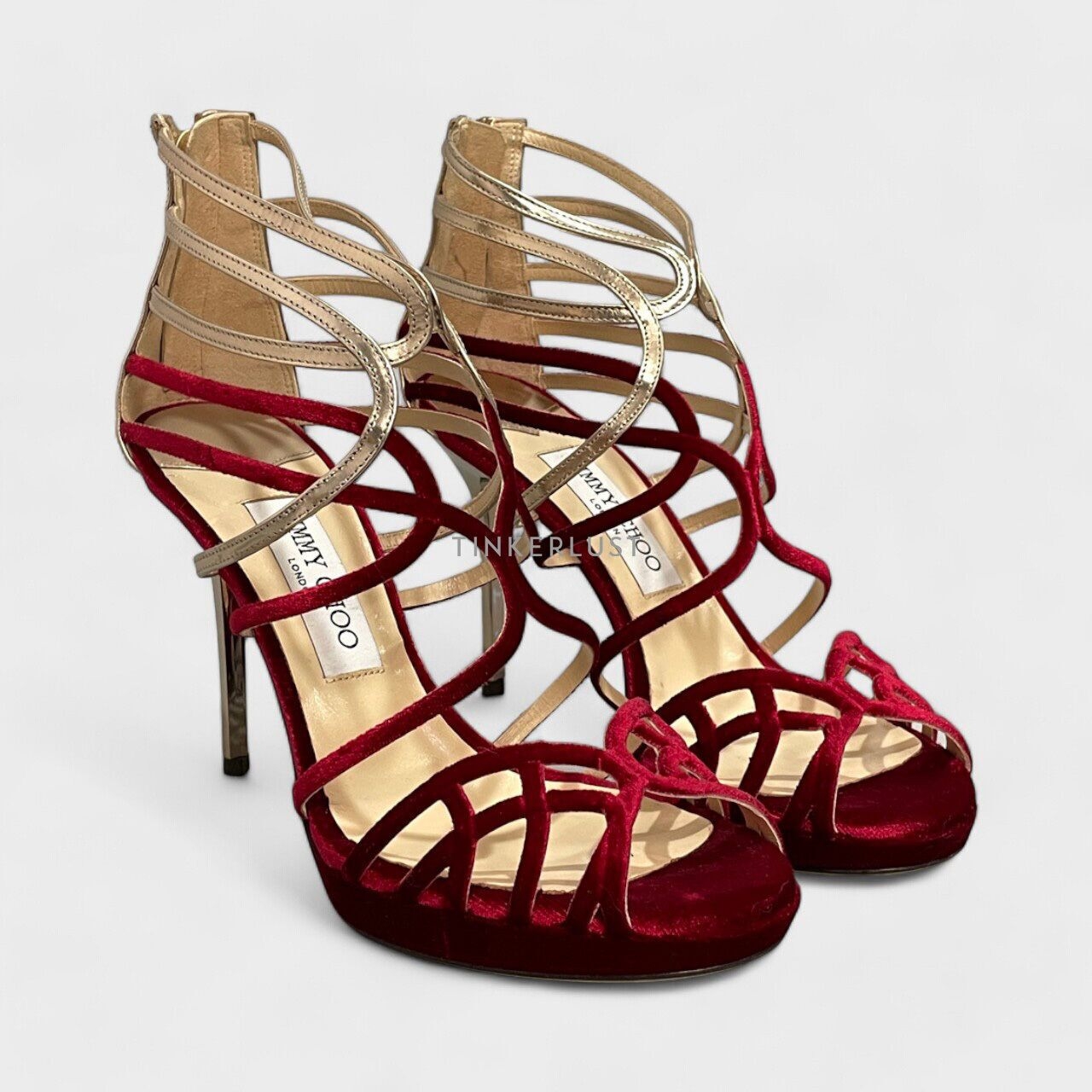 Jimmy Choo Maury Strappy Velvet Leather Gold & Red Heels