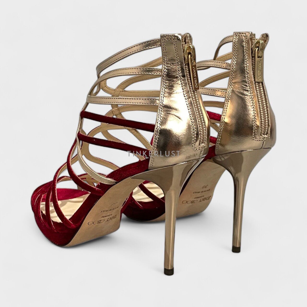 Jimmy Choo Maury Strappy Velvet Leather Gold & Red Heels