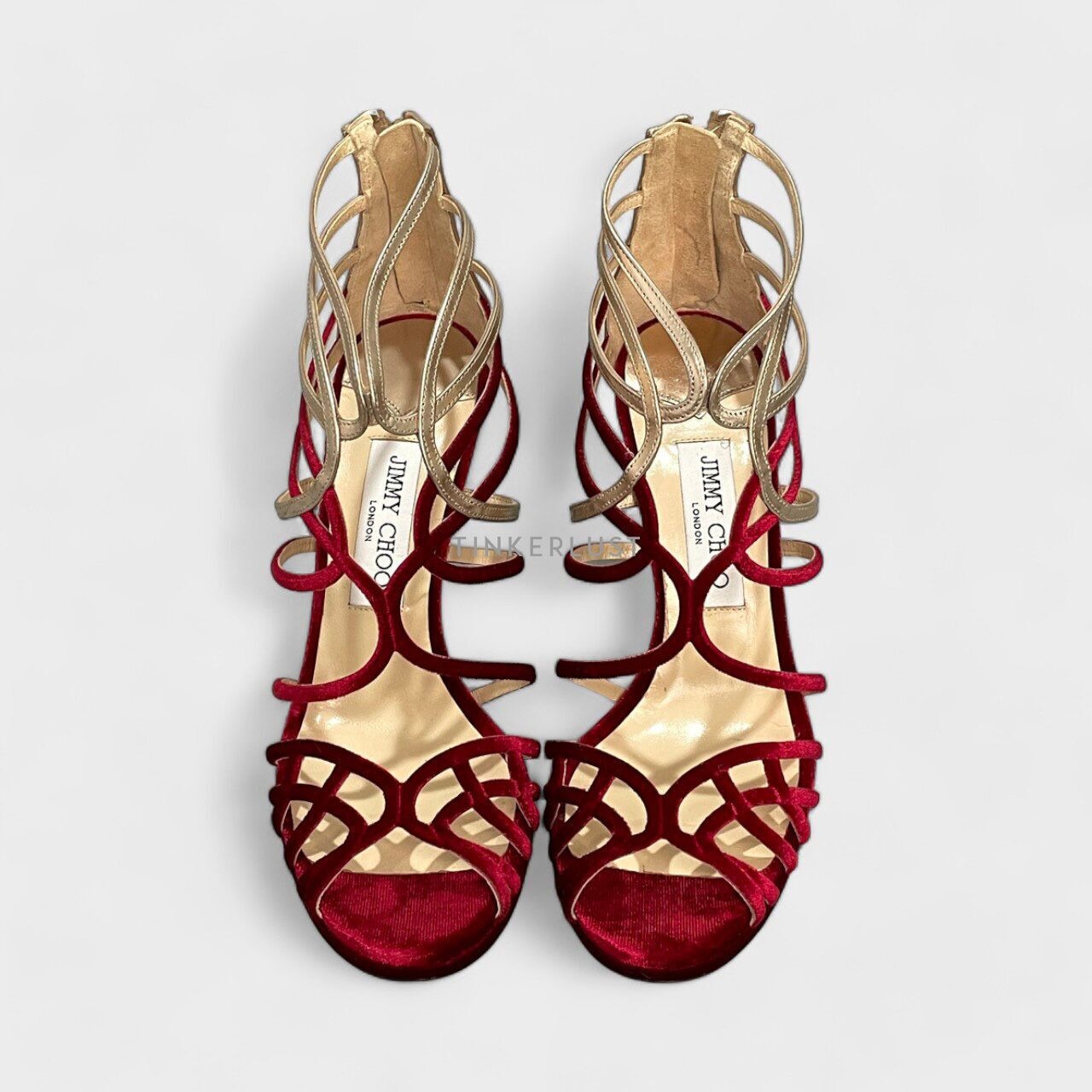 Jimmy Choo Maury Strappy Velvet Leather Gold & Red Heels