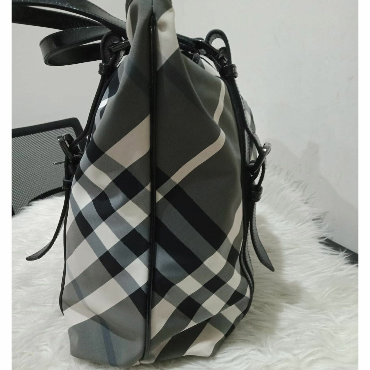 Burberry Victoria Black Check Nylon Medium Tote Bag 