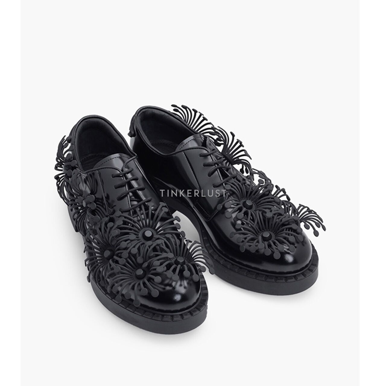 Prada Women Azalea Flowers in Black Leather Loafers