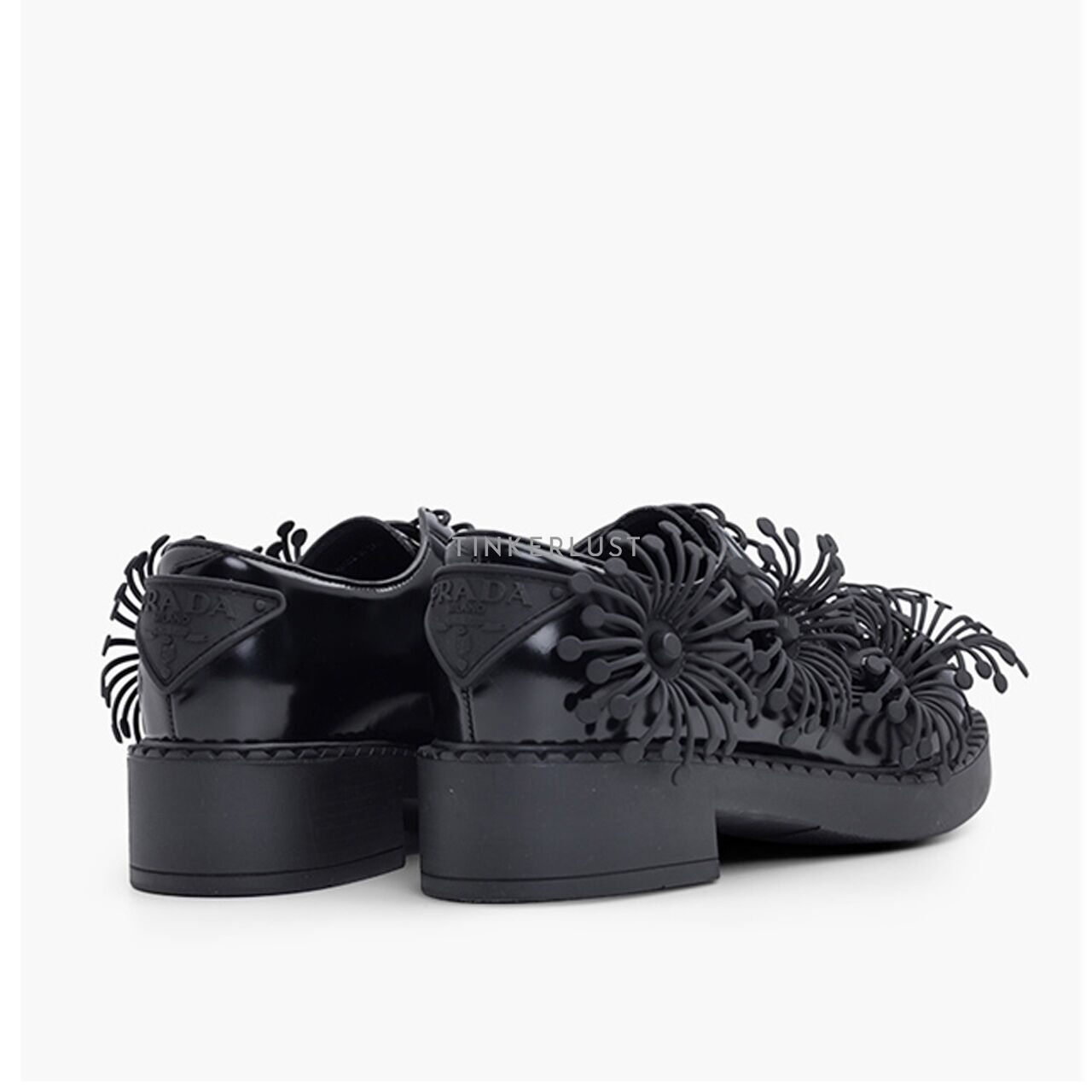 Prada Women Azalea Flowers in Black Leather Loafers