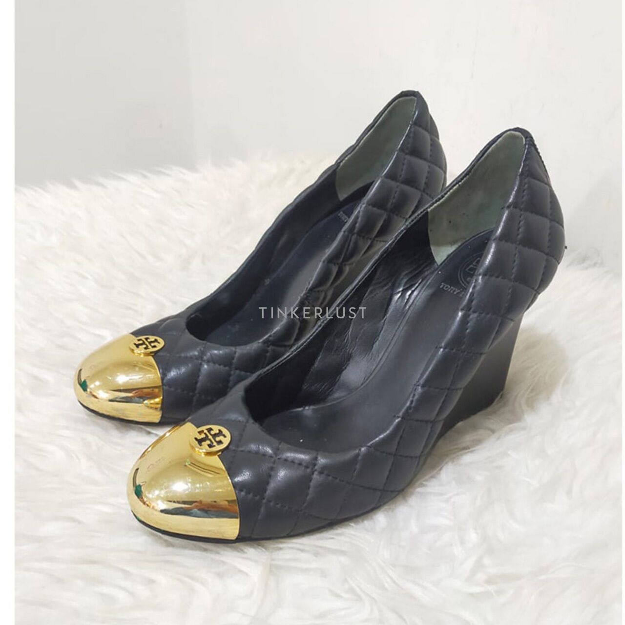 Tory Burch Metal Cap-Toe Black Quilted Wedges