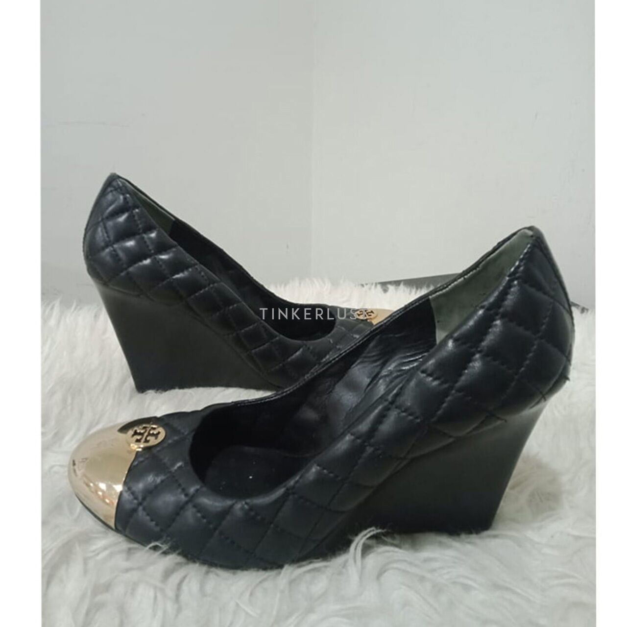 Tory Burch Metal Cap-Toe Black Quilted Wedges