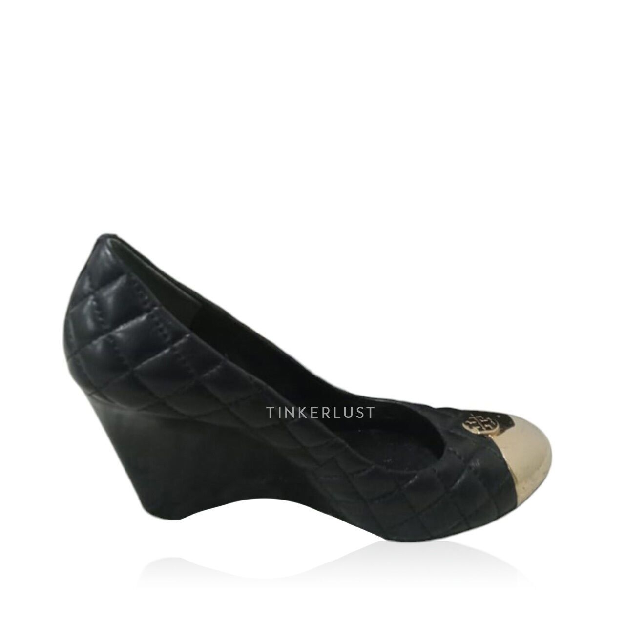 Tory Burch Metal Cap-Toe Black Quilted Wedges