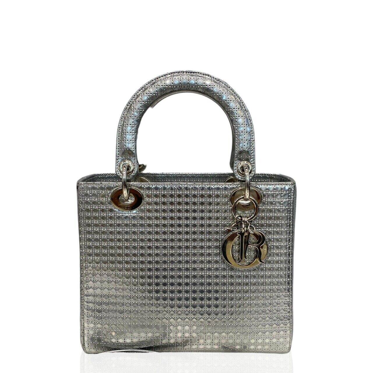 Christian Dior Lady Dior Medium Silver Microcannage SHW 2015 Satchel Bag