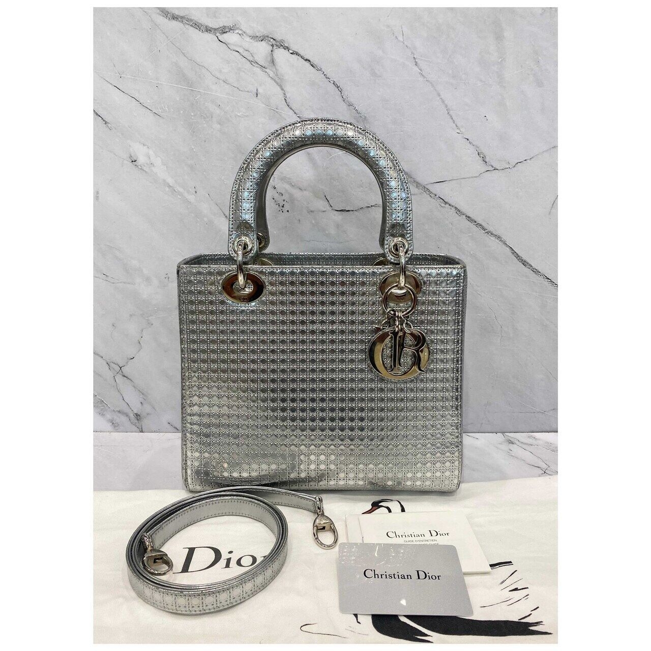 Christian Dior Lady Dior Medium Silver Microcannage SHW 2015 Satchel Bag