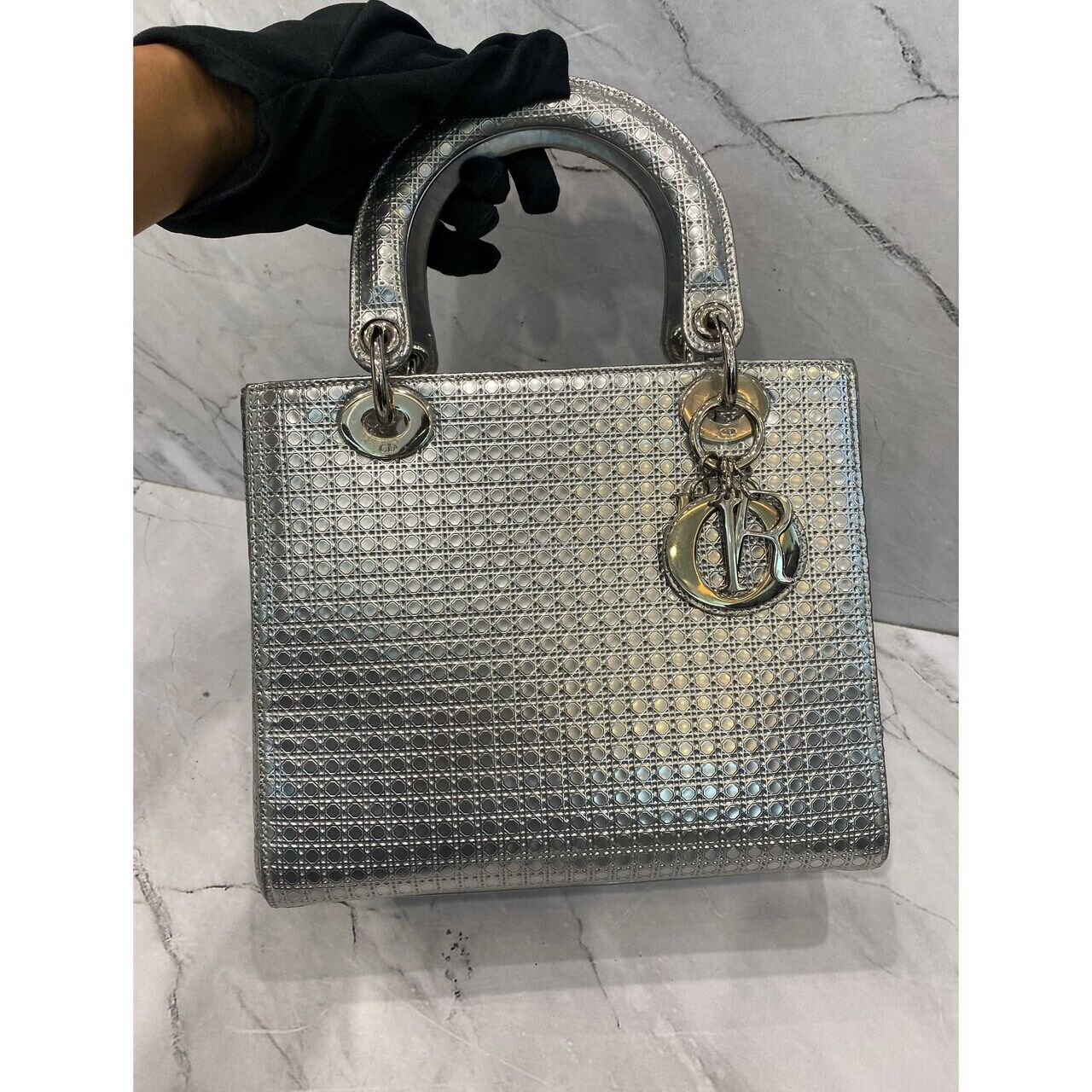 Christian Dior Lady Dior Medium Silver Microcannage SHW 2015 Satchel Bag