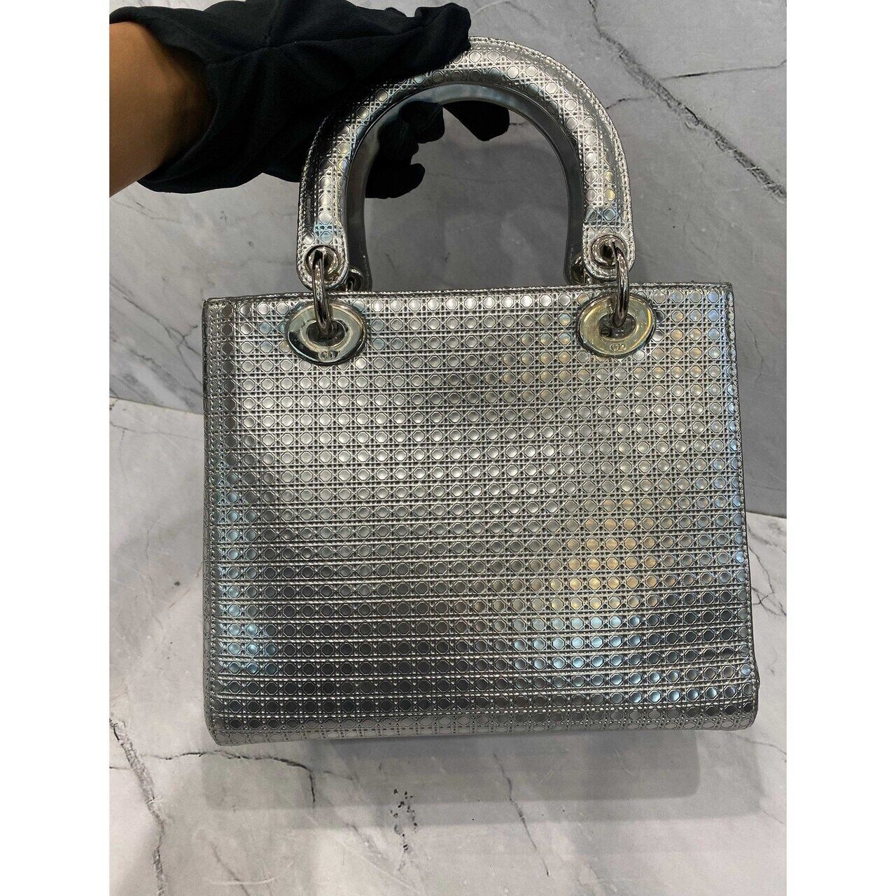 Christian Dior Lady Dior Medium Silver Microcannage SHW 2015 Satchel Bag