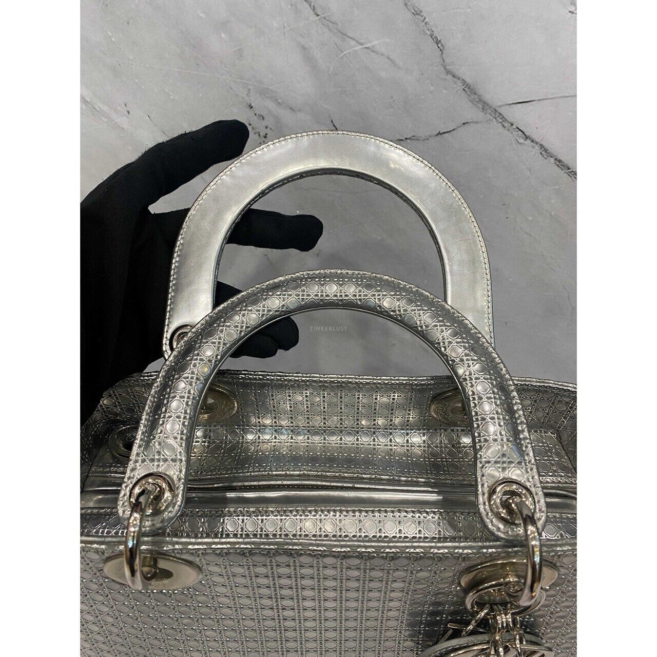 Christian Dior Lady Dior Medium Silver Microcannage SHW 2015 Satchel Bag