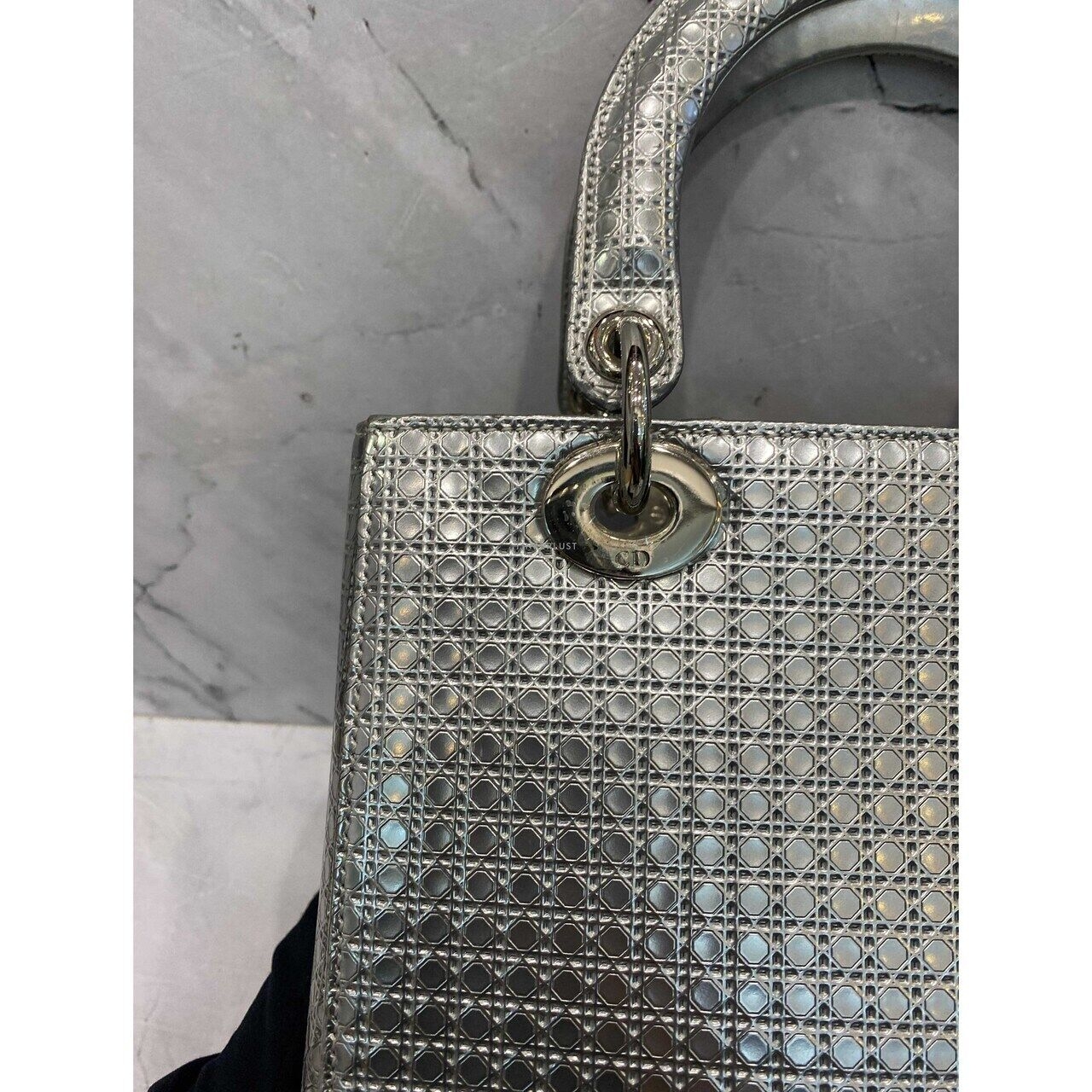 Christian Dior Lady Dior Medium Silver Microcannage SHW 2015 Satchel Bag