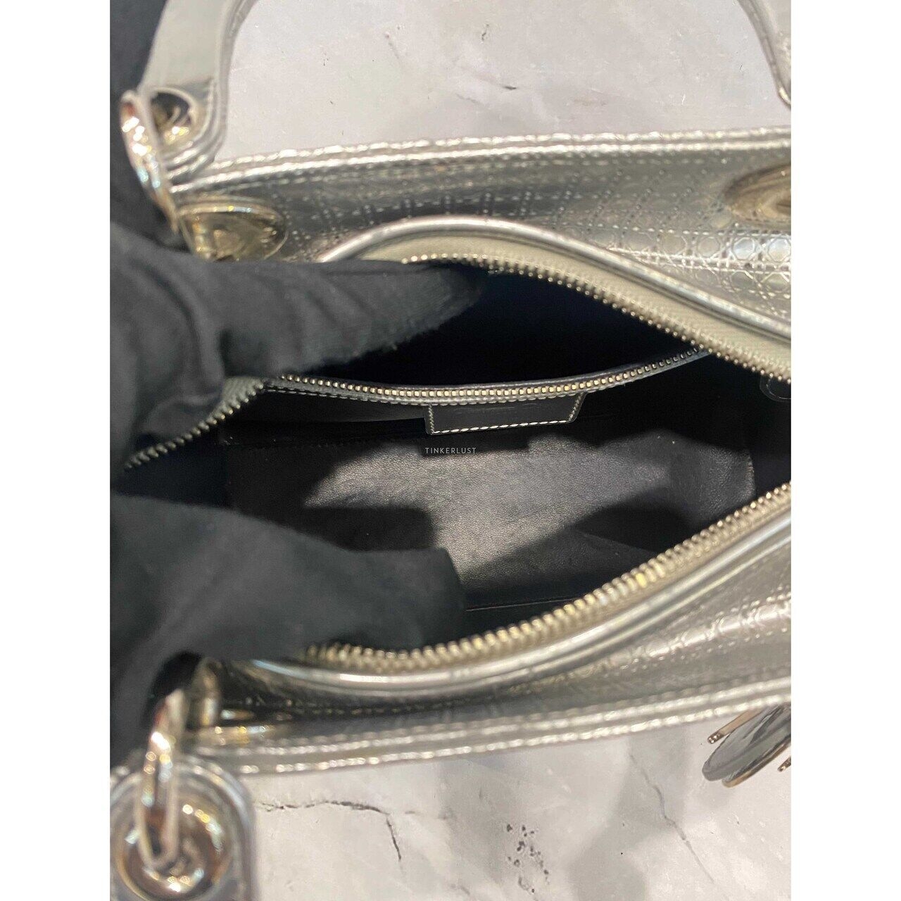 Christian Dior Lady Dior Medium Silver Microcannage SHW 2015 Satchel Bag