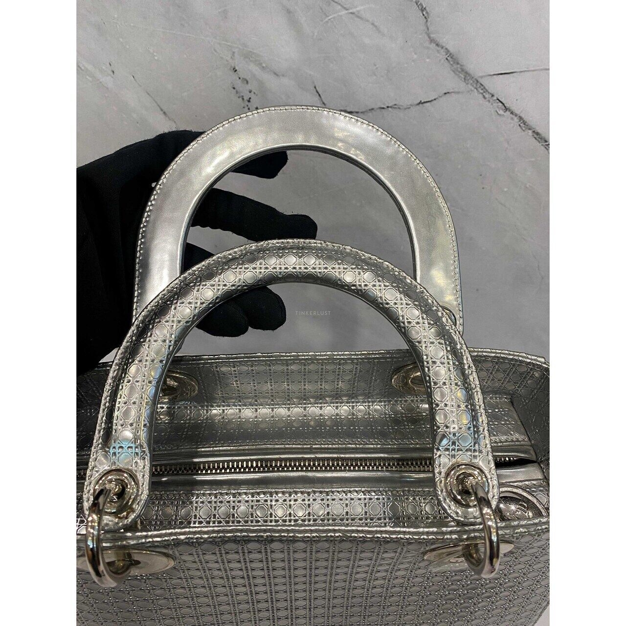 Christian Dior Lady Dior Medium Silver Microcannage SHW 2015 Satchel Bag