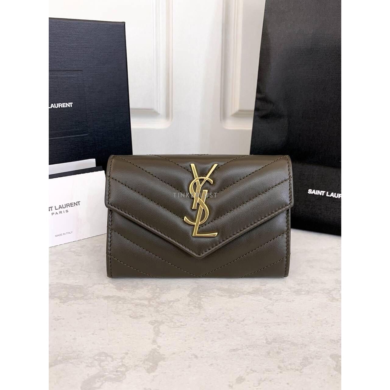 Yves Saint Laurent Khaki GHW Card Wallet 