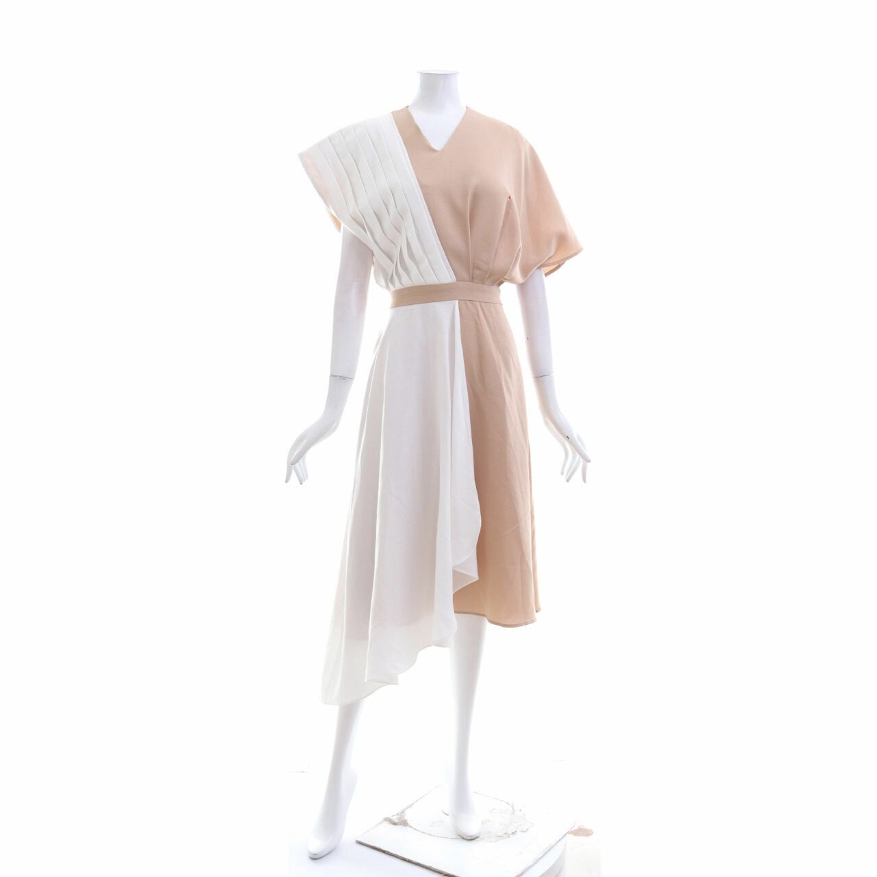 Private Collection Light Brown & White Pleats Midi Dress