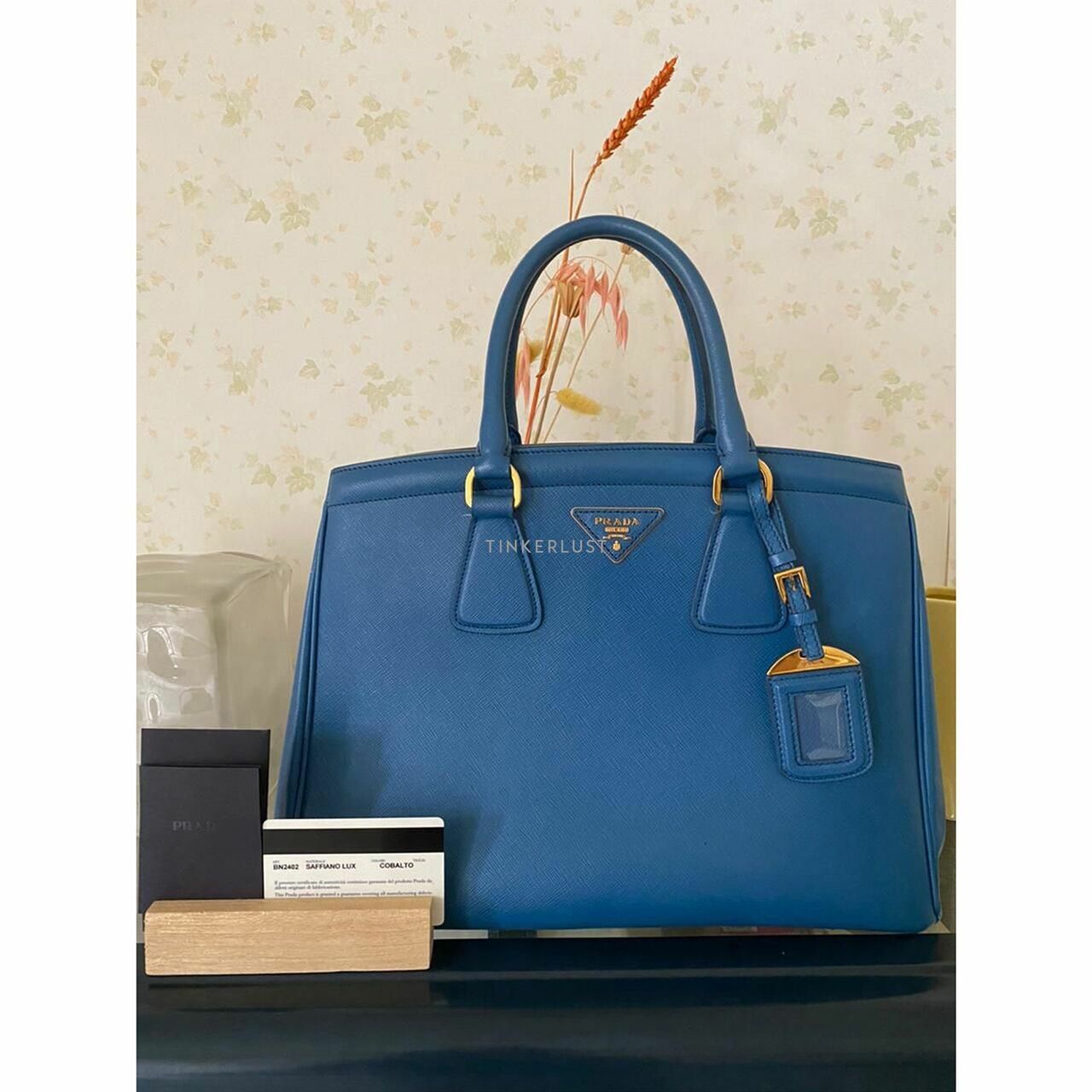 Prada BN2402 Cobalt Blue Saffiano Lux Leather Parabole Tote Bag