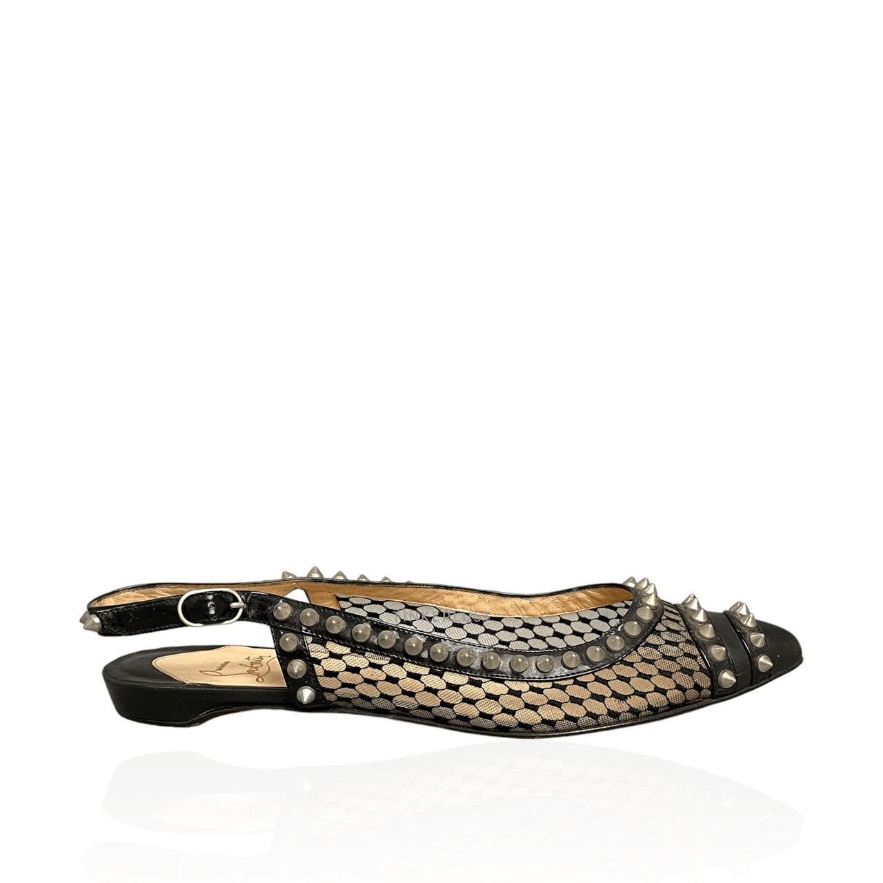 Christian Louboutin  Black Leather And Mesh Spiked Flat Slingback Sandals