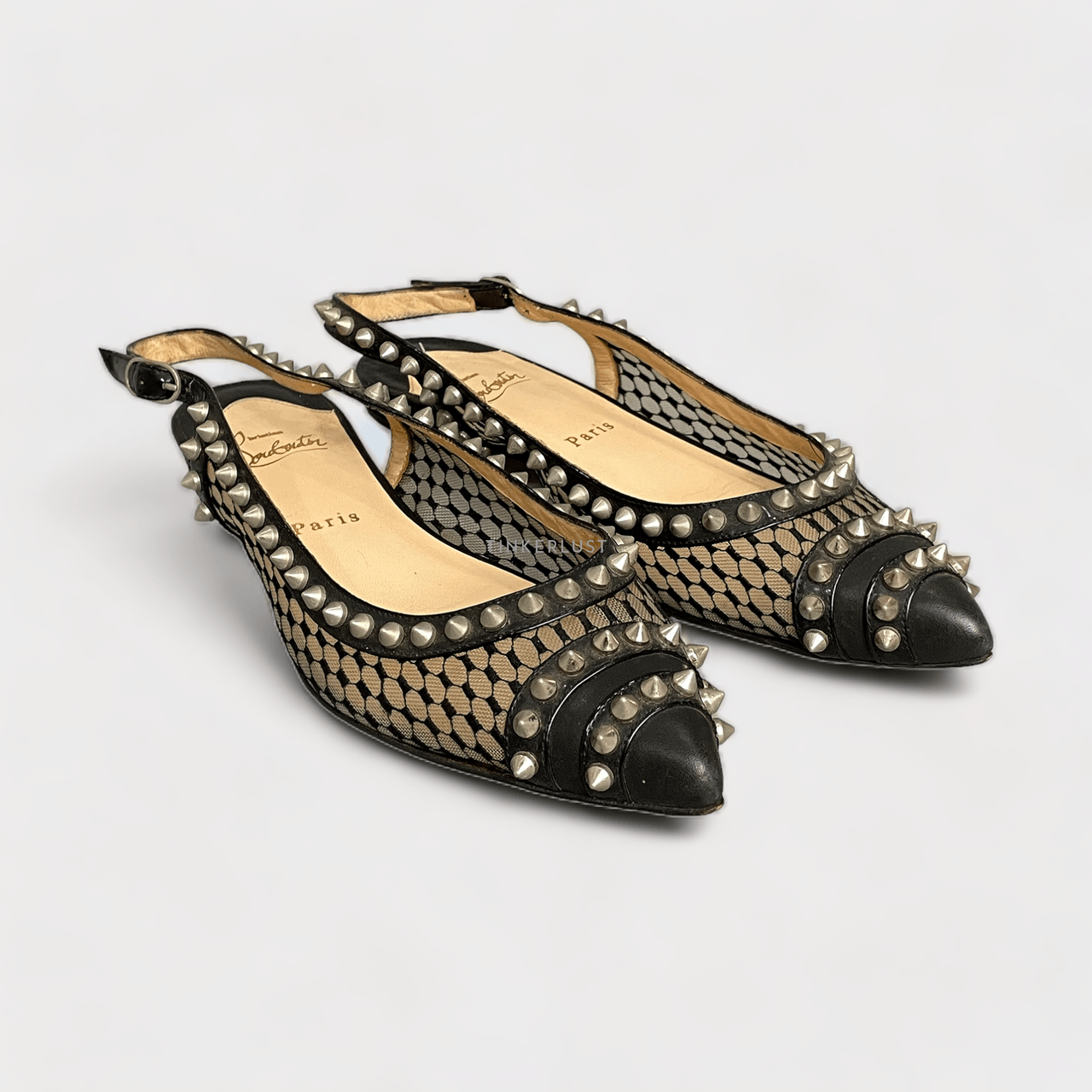 Christian Louboutin  Black Leather And Mesh Spiked Flat Slingback Sandals